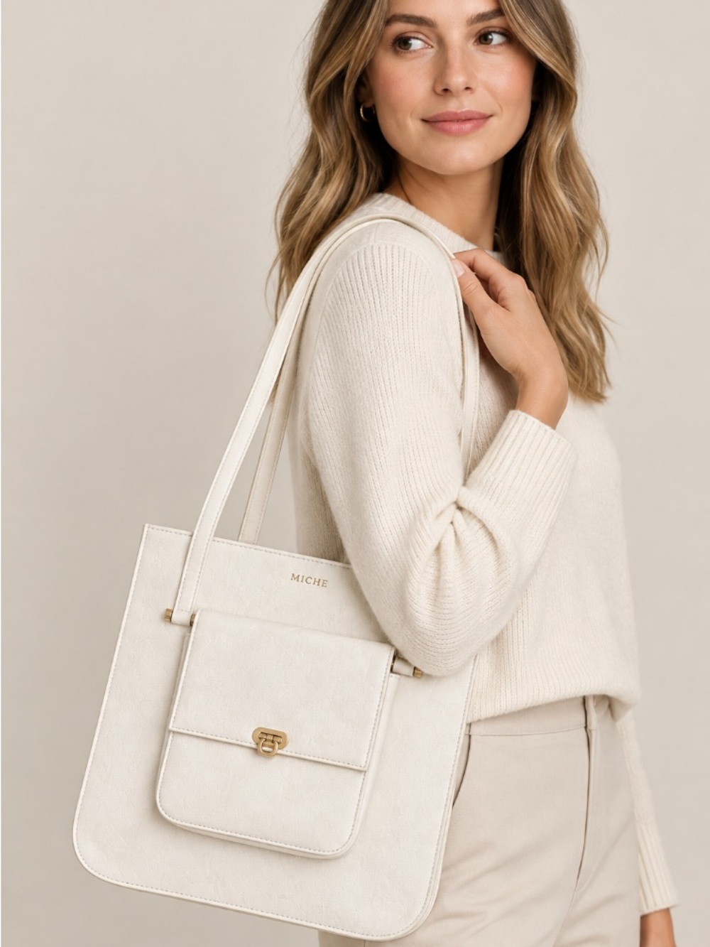 NWOT MICHE White “Penny” Shoulder Tote with Front Pocket
